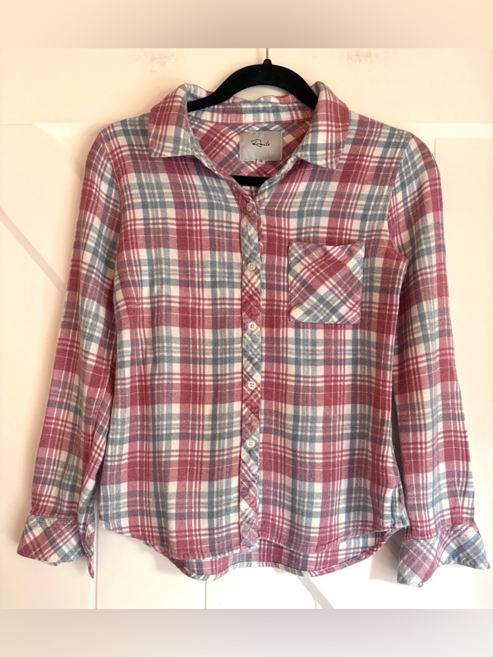 Rails Hunter Plaid Flannel Pink Rose/Red Blue Cream Shirt XS Rosewood Sky